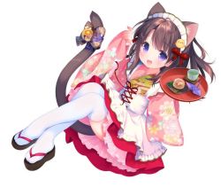 Rule 34 | 1girl, :d, animal ear fluff, animal ears, apron, bell, black footwear, blush, bow, brown hair, cat ears, cat girl, cat tail, commentary request, floral print, frilled apron, frills, full body, holding, holding tray, japanese clothes, jingle bell, kimono, long hair, long sleeves, looking at viewer, maid, maid headdress, open mouth, origami, original, paper crane, pinching sleeves, pink kimono, piyodera mucha, pleated skirt, print kimono, purple eyes, red skirt, simple background, skirt, sleeves past wrists, smile, solo, tail, tail bell, tail bow, tail ornament, thighhighs, tray, wa maid, white apron, white background, white thighhighs, wide sleeves