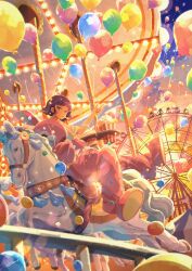 Rule 34 | 1girl, amusement park, animal costume, atelier umiyury, balloon, carousel, cigarette, cloud, commentary, cup, disposable cup, earrings, ferris wheel, food, highres, horse, jewelry, light particles, mascot costume, mascot head, original, popcorn, purple hair, short hair, sidesaddle, smoking, solo, sunset