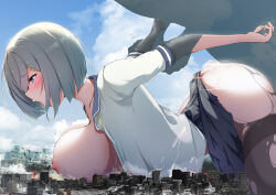 Rule 34 | 1boy, 1girl, arms behind back, blush, breasts, city, clothed female nude male, clothed sex, commission, cum, dermar, destruction, giant, giant male, giantess, hair ornament, hairclip, hamakaze (kancolle), heart, heart-shaped pupils, hetero, highres, holding another&#039;s arm, kantai collection, large breasts, nude, open clothes, open mouth, open shirt, pantyhose, sex, sex from behind, short hair, skeb commission, symbol-shaped pupils, tongue, torn clothes, torn pantyhose, white hair