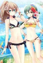Rule 34 | 10s, 2girls, ;q, bad id, bad pixiv id, beach, bikini, blue eyes, brown eyes, brown hair, food, green hair, hiroichi, kantai collection, kumano (kancolle), long hair, multiple girls, one eye closed, ponytail, revision, shaved ice, suzuya (kancolle), swimsuit, tongue, tongue out
