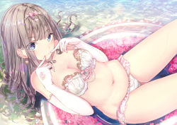 Rule 34 | 1girl, bare shoulders, bikini, blue eyes, blush, bow, breasts, brown hair, cleavage, closed mouth, collarbone, commentary request, day, elbow gloves, eyes visible through hair, fingers to mouth, gloves, hair bow, highres, innertube, jewelry, long hair, looking at viewer, lying, medium breasts, missile228, navel, necklace, on back, original, outdoors, pink bow, shell hair ornament, smile, solo, stomach, swim ring, swimsuit, water, white bikini, white gloves