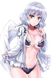 Rule 34 | 1girl, adapted costume, bikini, black bikini, breasts, cleavage, collarbone, commentary request, cowboy shot, feathered wings, half updo, highres, hood, hood down, hooded jacket, jacket, kishin sagume, large breasts, long sleeves, looking at viewer, navel, open clothes, open jacket, parted lips, red eyes, short hair, silver hair, simple background, single wing, solo, stomach, swimsuit, thigh gap, touhou, white background, white jacket, white wings, wings, y2