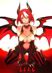Rule 34 | 1girl, 666, bare shoulders, breasts, cleavage, demon girl, demon wings, detached collar, hair between eyes, hair ornament, hairclip, highres, horns, kneeling, large breasts, looking at viewer, md5 mismatch, multiple wings, navel, original, pointy ears, red eyes, red hair, resized, ricci, short hair, simple background, sketch, solo, striped clothes, striped thighhighs, thighhighs, vertical-striped clothes, vertical-striped thighhighs, wings