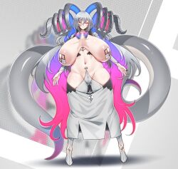 Rule 34 | 1girl, absurdres, areola slip, ash dragon (konoshige), big hair, blue hair, blush, breasts, closed eyes, closed mouth, curled horns, curvy, dragon girl, dragon girl (konoshige), dragon horns, dragon tail, dress, full body, gradient hair, grey hair, groin, highres, horns, huge areolae, huge breasts, konoshige (ryuun), large nipples, long hair, monster girl, multicolored hair, navel, nipples, open clothes, original, pasties, pink hair, purple hair, revealing clothes, scar, shiny clothes, shiny skin, sidelocks, smile, solo, standing, tail, thick thighs, thighs, very long hair, wide hips