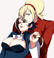Rule 34 | 1boy, 1girl, ascot, ash crimson, bad id, bad pixiv id, black hair, blonde hair, blue eyes, breasts, cleavage, cleavage cutout, closed eyes, clothing cutout, elisabeth blanctorche, head on chest, hetero, holding hands, hug, hug from behind, large breasts, lipstick, lowres, makeup, muse (rainforest), nail polish, short hair, the king of fighters