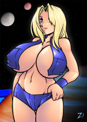 Rule 34 | 1girl, blonde hair, blue eyes, breasts, curvy, hip focus, huge breasts, lips, metroid, moon, navel, nintendo, open clothes, open shirt, samus aran, shirt, smile, solo, space, wide hips, wristband