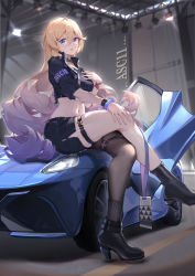 Rule 34 | 1girl, absurdres, armband, asc11, bianka durandal ataegina, black footwear, black jacket, black legwear, black shirt, black shorts, blonde hair, blue eyes, boots, breasts, car, chinese commentary, commentary request, crop top, cropped jacket, crossed legs, gradient hair, hair between eyes, hand on own chest, high heel boots, high heels, highres, honkai (series), honkai impact 3rd, indoors, jacket, large breasts, long hair, looking at viewer, midriff, motor vehicle, multicolored hair, navel, parted lips, purple hair, shirt, short shorts, short sleeves, shorts, sitting, skindentation, solo, stomach, thigh strap, thighs, very long hair