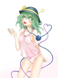 Rule 34 | 1girl, ?, blush, camisole, eyeball, frilled camisole, frills, green eyes, green hair, hair ribbon, harunoha, hat, highres, komeiji koishi, matching hair/eyes, nipples, open mouth, panties, ribbon, see-through, simple background, solo, source request, touhou, underwear, underwear only