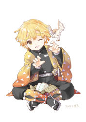 Rule 34 | 1boy, ;d, agatsuma zenitsu, belt, belt buckle, bird, black pants, blonde hair, blush, buckle, buttons, commentary request, crossed legs, dated, fingernails, food, haori, indian style, japanese clothes, katana, kimetsu no yaiba, long sleeves, looking at animal, male focus, one eye closed, onigiri, open mouth, pants, pocket, sandals, signature, simple background, sitting, smile, sparrow, sword, tongue, touko (tokotoko), triangle print, weapon, white background, white belt, wide sleeves, yellow eyes