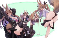 Rule 34 | 1girl, animal ears, apron, arms up, barefoot, black jacket, black panties, black thighhighs, blush, breasts, brown dress, brown hair, closed mouth, commentary, commission, dress, english commentary, fox ears, fox girl, fox tail, glasses, green eyes, highres, jacket, large breasts, long hair, long sleeves, looking at viewer, multiple views, necktie, open mouth, original, panties, red necktie, shirt, shoes, sitting, skeb commission, smile, soles, standing, tail, thighhighs, thighs, underwear, white apron, white footwear, white shirt, wisespeak