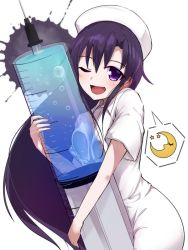 Rule 34 | 13-gou, 1girl, breasts, crescent moon, dress, goshiki agiri, hat, kill me baby, long hair, looking at viewer, moon, nurse, nurse cap, one eye closed, open mouth, purple eyes, purple hair, simple background, smile, solo, syringe, white background