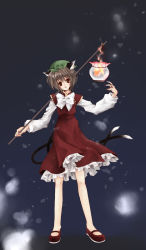 Rule 34 | 1girl, animal ears, bad id, bad pixiv id, brown eyes, brown hair, cat ears, cat girl, cat tail, chen, female focus, fish tank, full body, gradient background, hat, honokan, open mouth, short hair, solo, standing, tail, touhou