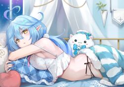 Rule 34 | 1girl, :3, absurdres, ahoge, bare shoulders, black panties, blue bow, blue hair, blue jacket, blush, blush stickers, bow, breasts, camisole, commentary, curtains, elf, from side, fur-trimmed jacket, fur trim, hair between eyes, heart, heart ahoge, highres, hololive, hugging object, indoors, jacket, large breasts, long hair, looking at viewer, looking to the side, lying, mirror, night, night sky, official alternate hairstyle, on bed, on stomach, panties, parted lips, pillow, pillow hug, pink nails, pink ribbon, plant, pointy ears, polka dot camisole, pom pom (clothes), potted plant, ribbon, shiny skin, side-tie panties, sidelocks, sky, snowflake print, strap slip, striped clothes, striped jacket, symbol-only commentary, underwear, virtual youtuber, white camisole, window, yellow eyes, yoshikawa hiro, yukihana lamy, yukihana lamy (loungewear), yukimin (yukihana lamy)