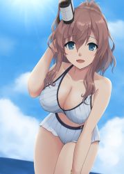 Rule 34 | 1girl, adapted costume, bikini, bikini skirt, blue eyes, blush, breasts, brown hair, cleavage, collarbone, cowboy shot, day, hair between eyes, highres, kantai collection, large breasts, leaning forward, looking at viewer, medium hair, mmt uf, open mouth, outdoors, ponytail, saratoga (kancolle), side ponytail, smokestack hair ornament, solo, striped bikini, striped clothes, swimsuit, upper body, white bikini