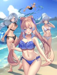 1boy 3girls absurdres ass ayaka_(genshin_impact) barefoot beach bikini blonde_hair blue_eyes blue_hair breasts feet_out_of_frame genshin_impact heel_up highres kaedehara_kazuha l4st_resort legs long_hair looking_at_viewer medium_breasts midriff multiple_girls navel sangonomiya_kokomi shenhe_(genshin_impact) side-tie_bikini_bottom sky swimsuit thighs white_hair