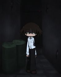 Rule 34 | 1boy, brown hair, dark, expressionless, glasses, harinezumi (pixiv), looking at viewer, male focus, mark (s//d), s//d, shirt, solo, walking