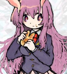 Rule 34 | 1girl, :x, :|, animal-themed food, animal ears, bad drawr id, bad id, blazer, bread, bread bun, closed mouth, crescent, dade ne, eating, expressionless, extra ears, food, food art, food on face, hair between eyes, hands up, holding, holding food, jacket, long hair, long sleeves, looking at viewer, necktie, oekaki, purple eyes, purple hair, rabbit ears, red necktie, reisen udongein inaba, solo, touhou, upper body, w arms, wing collar
