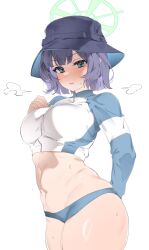 Rule 34 | 1girl, bikini, black hat, blue archive, blue bikini, blue eyes, breasts, bucket hat, green halo, halo, hat, highres, karan, large breasts, long sleeves, navel, official alternate costume, purple hair, raglan sleeves, rash guard, saki (blue archive), saki (swimsuit) (blue archive), short hair, simple background, solo, sweat, swimsuit, thick thighs, thighs, white background