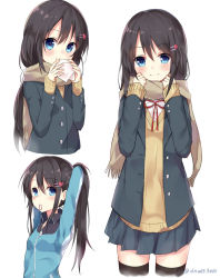 Rule 34 | 1girl, adjusting hair, adjusting scarf, arms behind head, arms up, black hair, black thighhighs, blue eyes, blue jacket, blue skirt, blush, closed mouth, cowboy shot, eating, enpera, eyebrows, food, hair between eyes, hair ornament, hairband, hairclip, heart, heart hair ornament, highres, holding, holding food, huwari (dnwls3010), jacket, long hair, long sleeves, looking at viewer, mochi, mouth hold, multiple views, neck ribbon, open clothes, open jacket, original, pleated skirt, ponytail, red ribbon, ribbon, scarf, school uniform, shirt, simple background, skirt, smile, sweater, thighhighs, twitter username, unbuttoned, uniform, upper body, w arms, wagashi, white background, white shirt, zettai ryouiki