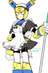 Rule 34 | 1boy, absurdres, android, animal print, apron, armor, back bow, black bodysuit, black bow, bodysuit, bow, breastplate, broom, commentary request, crossdressing, feet out of frame, fuse, fuse man, garter straps, gloves, helmet, highres, holding, holding broom, joints, legs apart, light blush, maid, maid apron, maid headdress, male focus, male maid, mega man (classic), mega man (series), mega man 11, purple eyes, rabbit print, robot, robot joints, shoulder armor, simple background, solo, solo focus, standing, sweat, sweatdrop, trembling, vambraces, wenyu, white background, yellow armor, yellow headwear
