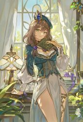 Rule 34 | absurdres, arm support, bad id, bad twitter id, blue gemstone, braid, braided ponytail, breasts, brown hair, circlet, cleavage, closed mouth, curtains, day, flower, gem, genshin impact, green eyes, green hat, hair flower, hair ornament, hair over shoulder, hand up, hat, head tilt, highres, indoors, jewelry, lamp, lisa (a sobriquet under shade) (genshin impact), lisa (genshin impact), long sleeves, medium breasts, mento, official alternate costume, pelvic curtain, plant, puffy long sleeves, puffy sleeves, purple flower, purple rose, rose, short braid, skirt, smile, thighlet, thighs, white flower, white skirt, window