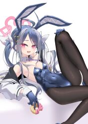 Rule 34 | 1girl, animal ears, antenna hair, armpits, black pantyhose, blue archive, blue gloves, blue hair, blush, breasts, commentary, covered navel, detached collar, fake animal ears, fubuki (blue archive), gloves, grey hair, halo, highres, long hair, long sleeves, looking at viewer, mesugaki, multicolored hair, n4gare b0shi, necktie, open mouth, pantyhose, pink halo, purple necktie, rabbit ears, red eyes, simple background, small breasts, smile, solo, white background