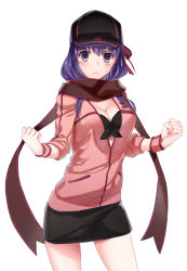 Rule 34 | 1girl, adapted costume, artoria pendragon (fate), baseball cap, breasts, cleavage, clenched hands, cosplay, fate/stay night, fate (series), hat, heroine x (cosplay), long hair, matou sakura, mysterious heroine x (fate), purple hair, rojiura satsuki : chapter heroine sanctuary, saber (fate), scarf, solo, ycco (estrella)