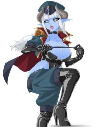 Rule 34 | 1girl, angry, belt, black leotard, black sclera, blue skin, blunt bangs, boots, breasts, cape, choker, cleavage, collarbone, colonel pale, colored sclera, colored skin, covered navel, cropped jacket, curvy, demon girl, demon horns, elbow gloves, female focus, gloves, hat, high heel boots, high heels, highres, horns, jacket, large breasts, latex, leather, leather gloves, leotard, lipstick, long hair, lowleg, lowleg pants, makeup, military, military uniform, mimizu (tokagex), open clothes, open jacket, open mouth, original, pants, peaked cap, pointy ears, revealing clothes, shiny skin, silver hair, solo, uniform, wide hips, yellow eyes