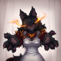 Rule 34 | 1girl, ^ ^, animal ear fluff, animal ears, animal hands, bare shoulders, black hair, black skin, blush, breasts, bride, claws, cleavage, closed eyes, colored skin, crossed bangs, dog ears, dog tail, dress, fang, female focus, flaming eyes, fur, happy, head tilt, hellhound (monster girl encyclopedia), incoming hug, large breasts, monorus, monster girl, monster girl encyclopedia, monster girl encyclopedia ii, outstretched arms, smile, solo, strapless, strapless dress, tail, wedding dress, white dress