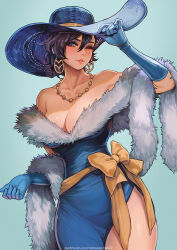 Rule 34 | 1girl, ;), arm up, bare shoulders, bead necklace, beads, black hair, blue dress, blue gloves, blue headwear, bow, breasts, cleavage, collarbone, cowboy shot, dress, earrings, female focus, fur-trimmed dress, fur trim, gloves, grey background, highres, jewelry, large bow, large breasts, magion02, mole, mole under eye, myria loussier, necklace, off-shoulder dress, off shoulder, one eye closed, orange bow, original, parted lips, patreon username, shiny skin, short hair, simple background, smile, solo, strapless, strapless dress, teeth, watermark, web address, wink