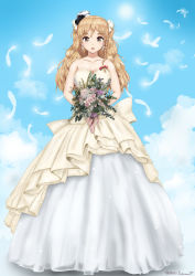 Rule 34 | 1girl, absurdres, alternate costume, blonde hair, bouquet, braid, breasts, brown eyes, dress, flower, full body, hat, highres, holding, holding bouquet, kantai collection, large breasts, long hair, mini hat, side braid, solo, sorairo haruka, standing, wavy hair, wedding dress, white dress, zara (kancolle)