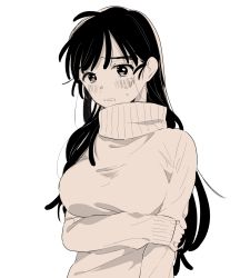 Rule 34 | 1girl, aono nachi, arm grab, arm under breasts, ass grab, blush, breasts, female focus, grabbing own arm, large breasts, long hair, long sleeves, looking away, monochrome, open mouth, original, shy, simple background, sleeves past wrists, solo, sweater, turtleneck, turtleneck sweater, upper body, white background