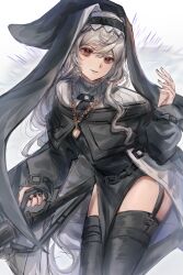 Rule 34 | 1girl, absurdres, arknights, black capelet, black coat, black dress, black nails, black thighhighs, black veil, capelet, coat, coif, commentary, dress, eyelashes, feet out of frame, fingernails, grey background, grey hair, grin, habit, hair between eyes, hand up, hatching (texture), highres, holding, holding weapon, jewelry, kneeling, linear hatching, lips, long hair, long sleeves, looking at viewer, multiple thigh straps, nail polish, necklace, nun, off shoulder, open clothes, open coat, parted lips, pelvic curtain, puffy long sleeves, puffy sleeves, red eyes, shadow, smile, solo, specter (arknights), symbol-only commentary, teeth, thigh strap, thighhighs, veil, very long hair, walnutalmonddew, wavy hair, weapon, white capelet