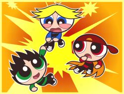 3boys antenna_hair backwards_hat baseball_cap black_hair black_pants black_shoes blonde_hair blue_eyes blue_shirt blunt_bangs blush boomer_(ppg) brick_(ppg) briefs brothers butch_(ppg) child clothes_pull dotted_background embarrassed green_eyes green_shirt hanasaki_kanitchi hat long_hair long_sleeves looking_at_another male_focus male_underwear multiple_boys open_mouth orange_background orange_hair pants pants_pull parted_bangs polka_dot polka_dot_background powerpuff_girls red_eyes red_hat red_shirt rowdyruff_boys shirt shoes short_hair siblings sneakers spiked_hair splatter_background striped_clothes striped_shirt surprised underwear yellow_background