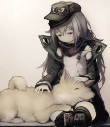 Rule 34 | 1girl, 1other, bandana, closed eyes, commentary request, dog, fluffy, g11 (girls&#039; frontline), girls&#039; frontline, grey hair, harufude, hat, highres, long hair, messy hair, petting, resting, shiba inu, smile, thighhighs, tongue, tongue out, yellow eyes