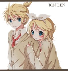 Rule 34 | 1boy, 1girl, arm hug, bad id, bad pixiv id, blonde hair, blush, brother and sister, character name, hiro (hirohiro31), kagamine len, kagamine rin, letterboxed, short hair, siblings, simple background, smile, vocaloid, white background