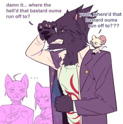 Rule 34 | ..., 1girl, 3boys, ahoge, angry, animal ears, blunt bangs, body fur, breast pocket, cat boy, cat ears, cat girl, checkered clothes, checkered scarf, clenched teeth, danganronpa (series), danganronpa v3: killing harmony, english text, furrification, furry, furry female, furry male, harukawa maki, highres, jacket, looking afar, looking at another, lovepoints, mole, mole under eye, momota kaito, mouse boy, mouse ears, mouse on shoulder, mouse tail, multiple boys, oma kokichi, open clothes, open jacket, open shirt, pink jacket, pocket, print shirt, saihara shuichi, sailor collar, scarf, shirt, sitting on shoulder, spiked hair, tail, teeth, white jacket, wolf boy, wolf ears