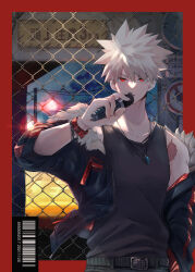 Rule 34 | 1boy, absurdres, alternate costume, arm at side, back cover, bakugou katsuki, barcode, belt, black tank top, blonde hair, blue sky, boku no hero academia, border, bracelet, bright pupils, casual, chain-link fence, character name, clothes writing, cloud, cloudy sky, collarbone, cover, dusk, english text, evening, expressionless, eyebrows hidden by hair, fence, floating clothes, fur-trimmed jacket, fur trim, green pupils, hair between eyes, hand up, highres, holding, holding microphone, jacket, jewelry, light, looking at viewer, male focus, microphone, nao (n sai ao), necklace, no trucks sign, off shoulder, open clothes, open jacket, outside border, parted lips, pocket, power lines, red border, red eyes, road, road sign, sanpaku, scar, short hair, sign, single bare shoulder, single vertical stripe, sky, sleeveless, sleeves past elbows, solo, spiked hair, spoilers, straight-on, tank top, tooth necklace, two-sided fabric, two-sided jacket, upper body, utility pole, v-shaped eyebrows, watch, wristwatch, zipper, zipper pull tab