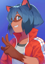 Rule 34 | 1girl, animal ears, blue background, blue eyes, blue hair, body fur, brand new animal, commentary request, fang, furry, furry female, highres, imori (lizzy), jacket, kagemori michiru, looking at viewer, multicolored hair, open clothes, open jacket, open mouth, raccoon ears, raccoon girl, red jacket, shirt, short hair, simple background, smile, solo, teeth, track jacket, upper body, v, white shirt