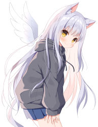 Rule 34 | 1girl, animal ear fluff, animal ears, black hoodie, black jacket, blue skirt, blush, cat ears, cat girl, cat tail, closed mouth, commentary request, detached wings, drawstring, feathered wings, from side, hood, hood down, hoodie, jacket, long hair, long sleeves, looking at viewer, looking to the side, mauve, original, pleated skirt, silver hair, simple background, skirt, smile, solo, tail, very long hair, white background, white wings, wings, yellow eyes