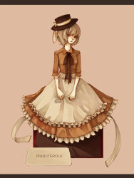 Rule 34 | 1girl, brown shirt, brown skirt, clona, commentary request, cream puff, food, frilled skirt, frills, frown, hat, hat ribbon, lace, lace-trimmed ribbon, lace trim, letterboxed, necktie, original, personification, ribbon, sepia, sepia background, shirt, short sleeves, simple background, skirt, skirt set, solo, sweets
