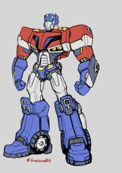 Rule 34 | autobot, blue eyes, clenched hands, full body, grey background, highres, kamizono (spookyhouse), mecha, no humans, optimus prime, optimus prime (animated), robot, science, simple background, solo, transformers, transformers animated, twitter username