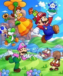 Rule 34 | 1girl, 5boys, blue overalls, blue sky, blue toad (mario), brothers, brown footwear, brown hair, bubble, bubble luigi, cloud, commentary, crown, dress, earrings, english commentary, facial hair, fence, flower, flower earrings, gloves, goomba, grass, green overalls, highres, in bubble, jewelry, jumping, looking at another, luigi, mario, mario (series), multiple boys, mustache, nintendo, open mouth, orange footwear, overalls, pink headwear, pink shirt, prince florian, princess daisy, propeller flower, red headwear, red shirt, shirt, siblings, sky, smile, speed lines, super mario bros. wonder, sweatdrop, talking flower (mario), toad (mario), tomboy, vinny (dingitydingus), warp pipe, waving, white gloves, wonder flower, wooden fence, yellow dress, yoshi
