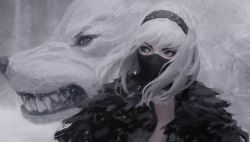 Rule 34 | 1girl, absurdres, black hairband, blue eyes, commentary, day, guweiz, hairband, highres, looking at another, looking away, original, outdoors, sharp teeth, short hair, sideways glance, sketch, snowing, solo, symbol-only commentary, teeth, upper body, v-shaped eyebrows, white hair, winter, wolf