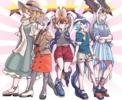 Rule 34 | 5girls, absurdres, alternate costume, animal ears, bald eagle (kemono friends), bird girl, bird tail, bird wings, blowhole, casual, cetacean tail, common dolphin (kemono friends), contemporary, dhole (kemono friends), dog ears, dog girl, dog tail, dolphin girl, dorsal fin, dress, extra ears, fins, fish tail, gameplay mechanics, gm (ggommu), hat, head fins, highres, jacket, kemono friends, kemono friends 3, lion (kemono friends), lion ears, lion tail, meerkat (kemono friends), meerkat ears, meerkat tail, multiple girls, official alternate costume, scarf, shoes, shorts, sneakers, star (symbol), sun hat, sundress, tail, fish tail, wings