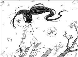 1boy black_hair do_do_goki flower male_focus monochrome nature original outdoors plant ponytail solo white_background yayoi_period