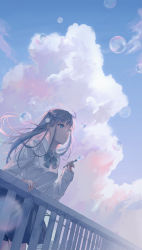 Rule 34 | 1girl, :|, absurdres, blue bow, blue eyes, blue hair, blue skirt, bow, breasts, bubble, closed mouth, cloud, cloudy sky, collared shirt, colored inner hair, commentary request, cowboy shot, day, hand on railing, hand up, highres, leaning forward, long hair, long sleeves, medium breasts, multicolored hair, on railing, original, outdoors, pleated skirt, railing, school uniform, shirt, skirt, sky, solo, sutera sea, white shirt