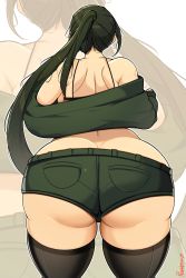 Rule 34 | 1girl, artist name, ass, back, butt crack, curvy, from behind, green hair, highres, huge ass, long hair, off shoulder, original, ponytail, probablynoon, short shorts, shorts, solo, thick thighs, thighhighs, thighs, very long hair, wide hips, zoom layer