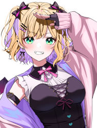 Rule 34 | 1girl, amopui, arm strap, black gloves, blonde hair, bodice, bow, bowtie, breasts, commentary, earrings, fangs, fingerless gloves, gloves, green eyes, hair bow, hair ornament, hairclip, highres, iris black games, jacket, jewelry, kurumi noah, medium breasts, multicolored hair, nail polish, open mouth, pink hair, pink jacket, salute, shirt, short hair, simple background, sleeveless, sleeveless shirt, smile, solo, teeth, two-tone hair, two side up, upper body, v-shaped eyebrows, virtual youtuber, vspo!, white background, white shirt, wings