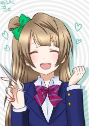 Rule 34 | 10s, 1girl, ^ ^, artist name, blazer, blunt bangs, bow, bowtie, brown hair, clenched hand, closed eyes, facing viewer, heart, jacket, long hair, long sleeves, love live!, love live! school idol project, minami kotori, one side up, open mouth, ribbon, ric. (marchen mozuku), scissors, smile, solo, striped bow, striped bowtie, striped clothes, striped neckwear, twitter username, uniform, upper body